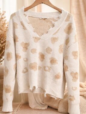 Moral Fiber Cream and Tan Leopard-Print Distressed V-Neck Sweater